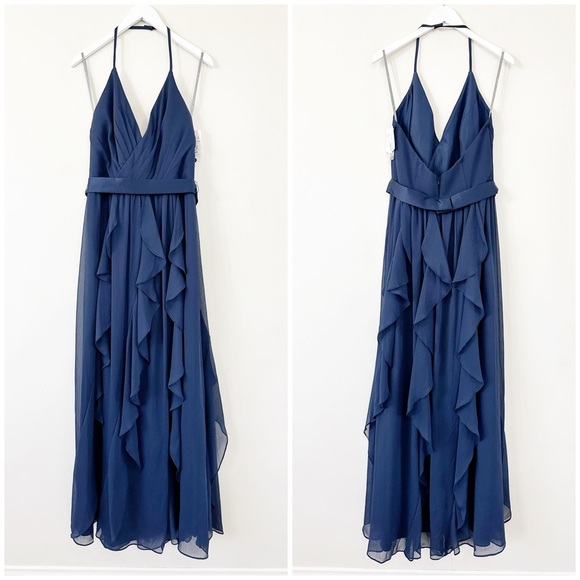 White by Vera Wang Long Chiffon Halter Cascading Bridesmaid Dress in Midnight - Picture 1 of 14